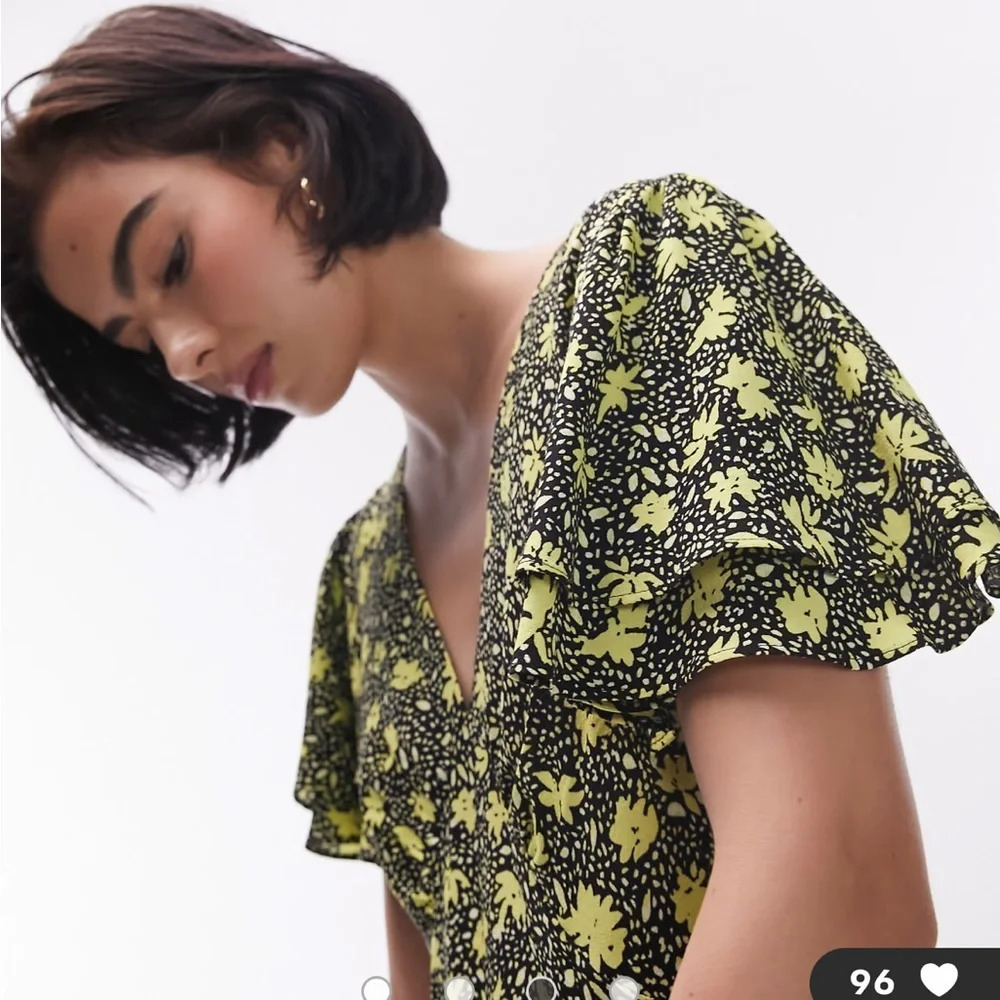 Topshop Bella tea dress with angel sleeve in yellow floral print - Picture 6 of 7